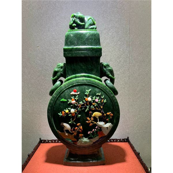 Hetian Jade Inlaid with Precious Stones Elephant Ear Vase
