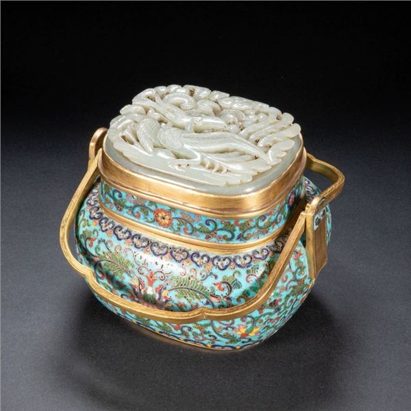Qing Dynasty Cloisonné Enamel Inlaid Hetian Jade Hand Warmer