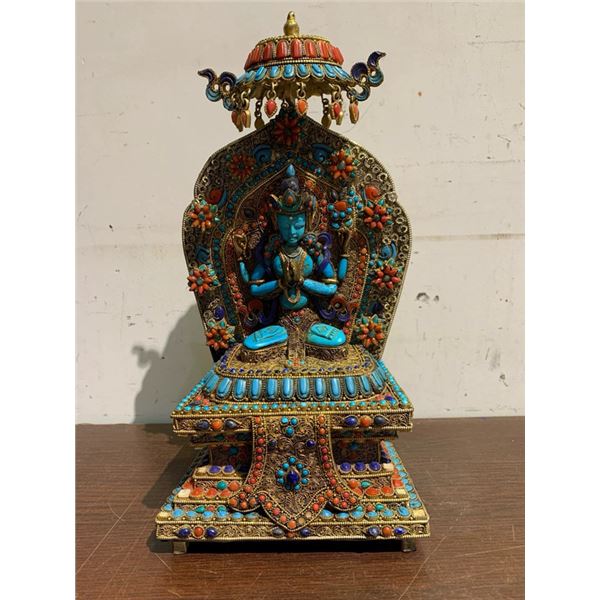 Gilded Copper Lace Inlaid Gemstone Four-Armed Guanyin Sculpture