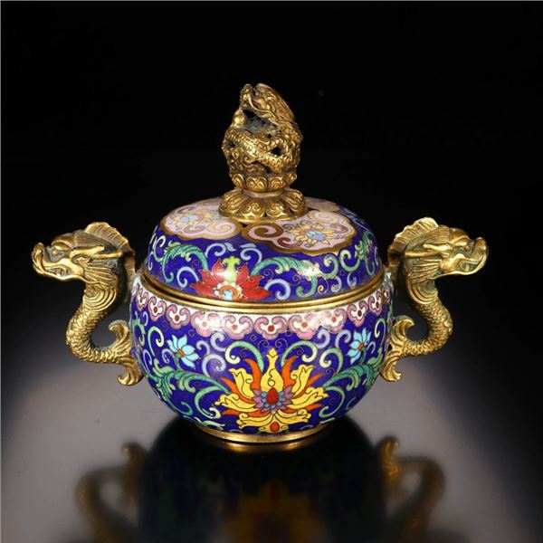 Gilded Copper Cloisonné Enamel Double Dragon-Ear Incense Burner