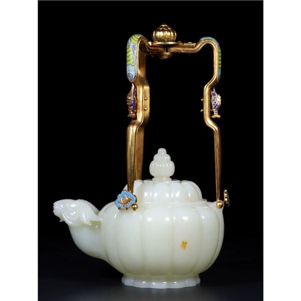 Hetian Jade Gilded Silver Handle Ram-Head Teapot
