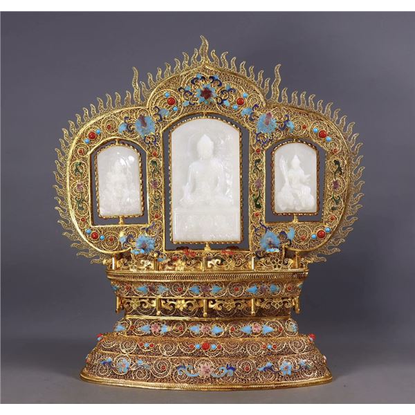 Filigree Gilt Inlaid Hetian Jade Triptych Buddha Screen