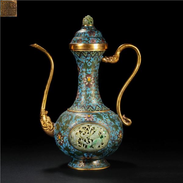 Cloisonné Enamel Ewer with Jade Inlay