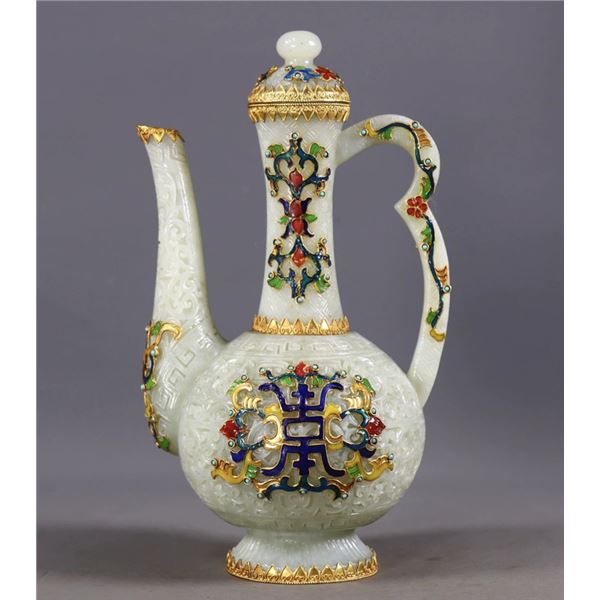 Hetian Jade Ewer with Gold Inlays
