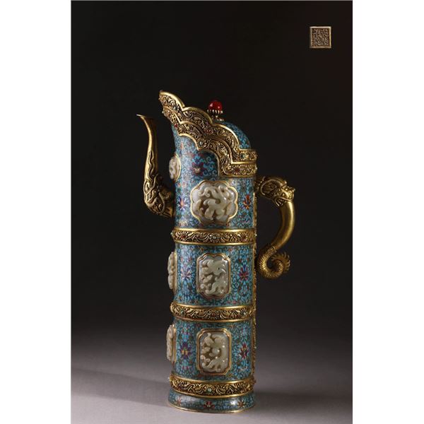 Copper-Base Cloisonné Enamel Teapot Inlaid with Hetian Jade