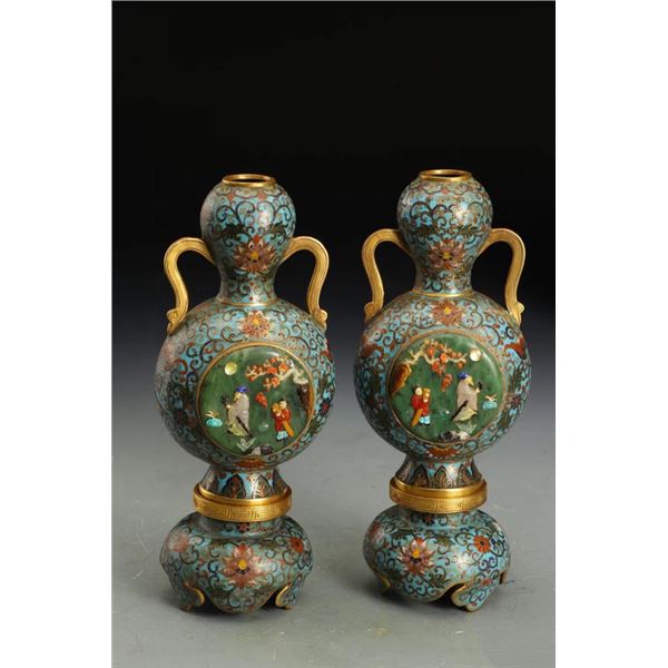 Pair of Cloisonné Vases with Floral and Figural Motif