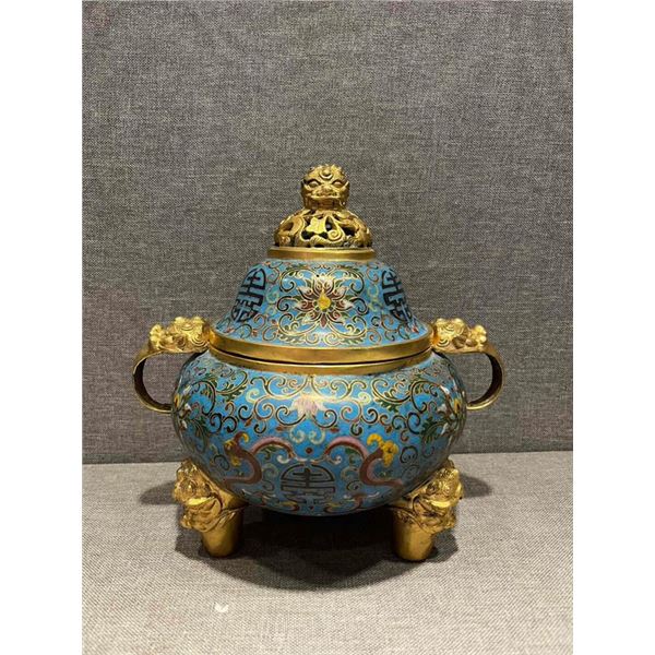 Cloisonné Enamel Incense Burner with Golden Beast Motifs