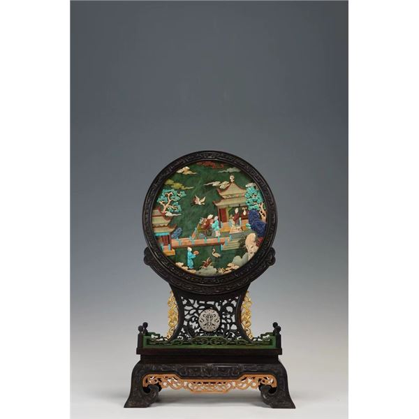 Zitan Wood Inlaid Landscape and Figures Screen