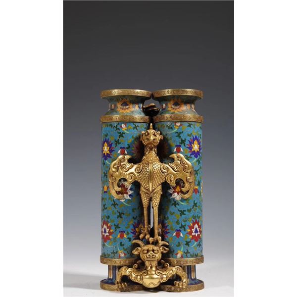 Cloisonné Enamel Double Vase with Golden Phoenix and Dragon Base