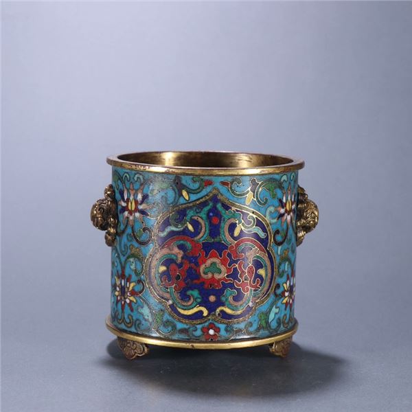Qing Dynasty Cloisonné Enamel Beast-Eared Bucket Incense Burner