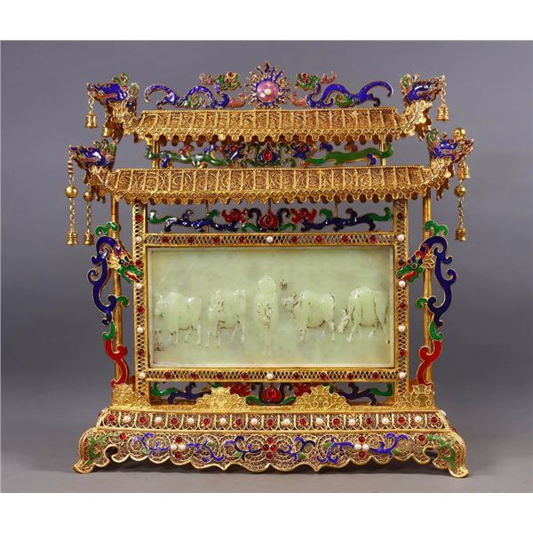 Filigree Gilt Inlaid Hetian Jade Five Oxen Screen