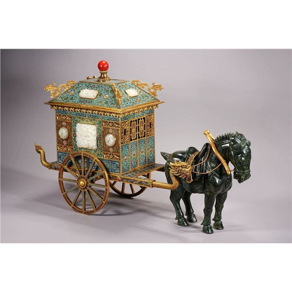 Cloisonné Enamel and Jade Inlaid Horse-Drawn Cart Ornament