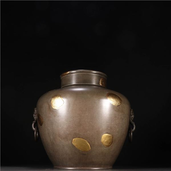 Pewter Tea Caddy with Parcel-Gilt Dots & Twin Ring Handles