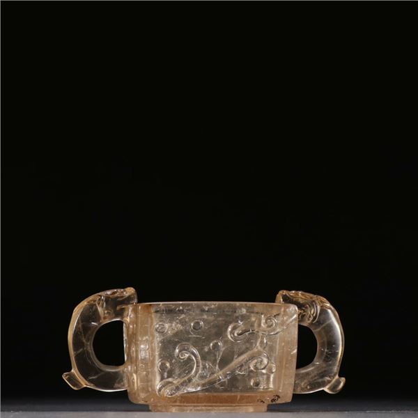 Crystal-Carved Square Cup with Double Dragon Handles