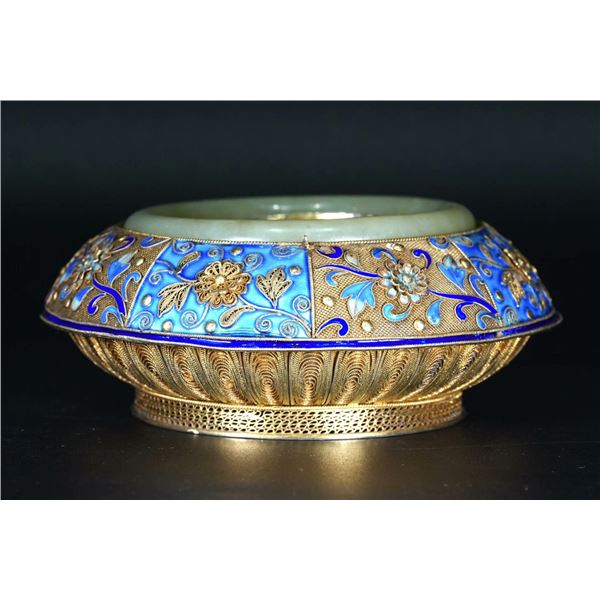 Silver Gilt Enamel-Decorated Ashtray with Jadeite Bracelet Motif
