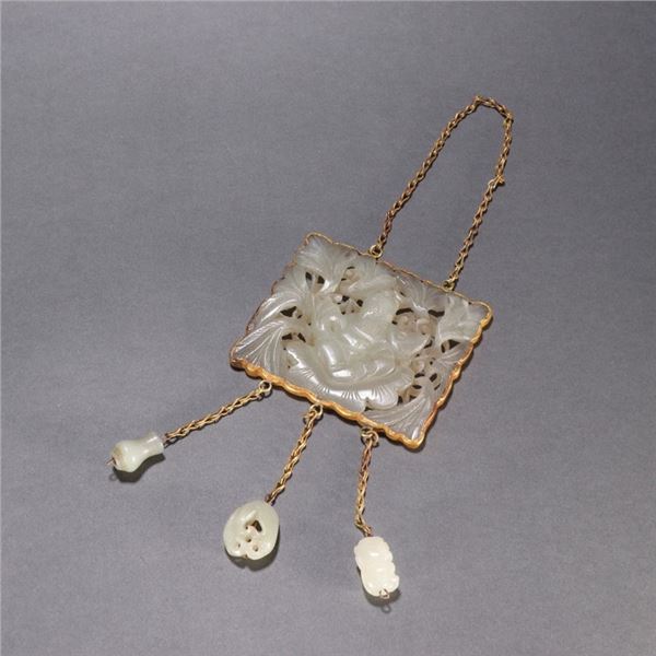 Hetian Jade Gold-inlaid Transparent Carved Boy with Fish Pendant