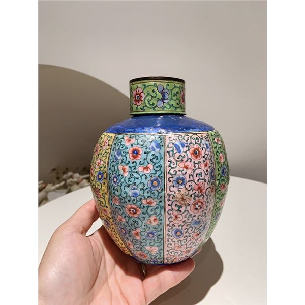 Copper-Body Painted Cloisonné Tea Canister with Floral Scrolls