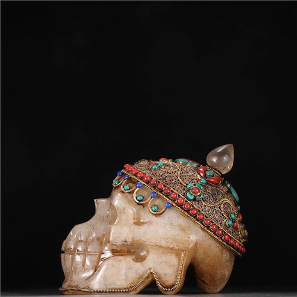 Crystal Skull with Cloisonné Filigree and Gemstone Inlays