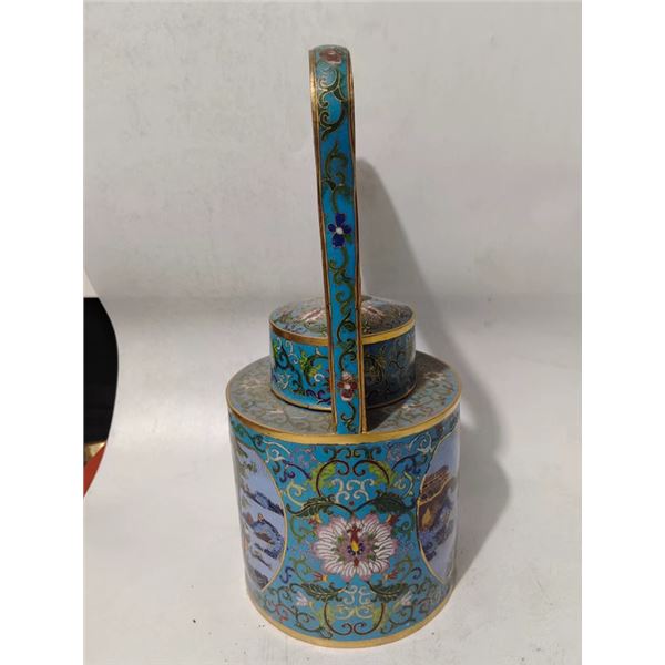 Cloisonné Enamel Window-Opening with Figures and Interlacing Floral Motif Kettle with Handle
