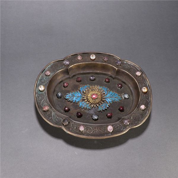 Silver-Gilded Plate Inlaid with Tourmaline and Cloisonné Enamel