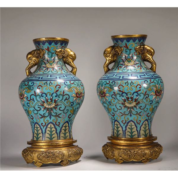 Gilt Bronze Cloisonné Enamel Elephant Ear Wall Vases