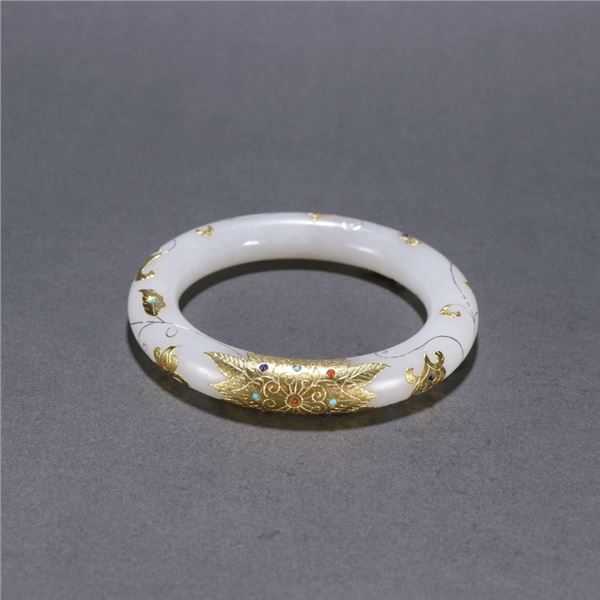 Pure Gold Inlaid Hetian Jade Bangle