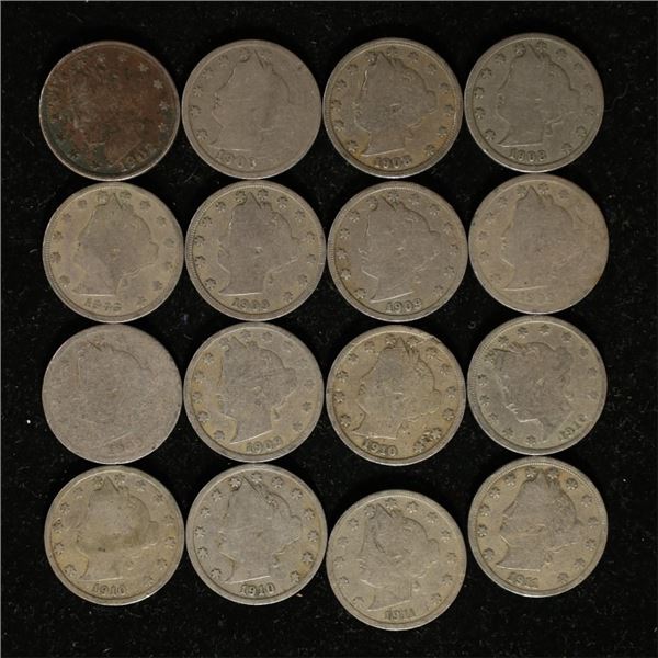 16 LIBERTY "V" NICKELS: 1902-1911