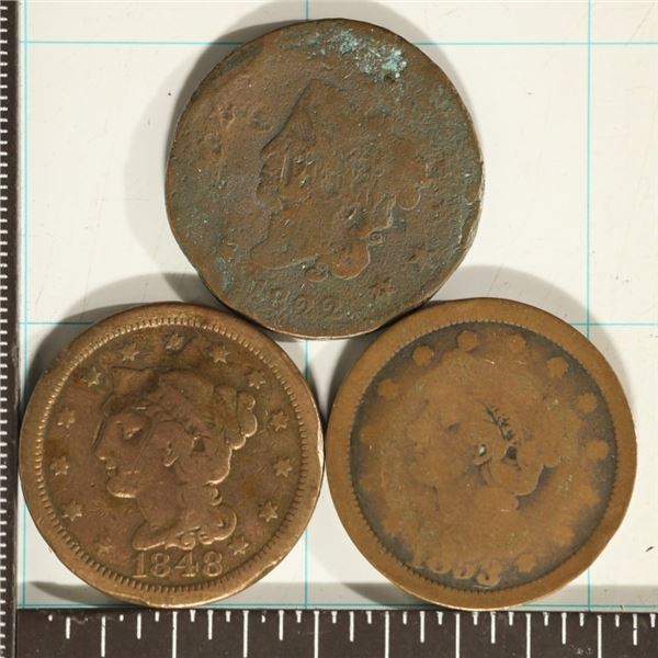 1822, 1853 & 1848 US LARGE CENTS, DAMAGED.