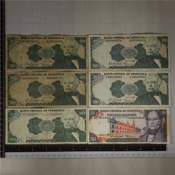 6-VENEZUELA BILLS: 5-20 BOLIVARES & 1-50 BOLIVARES