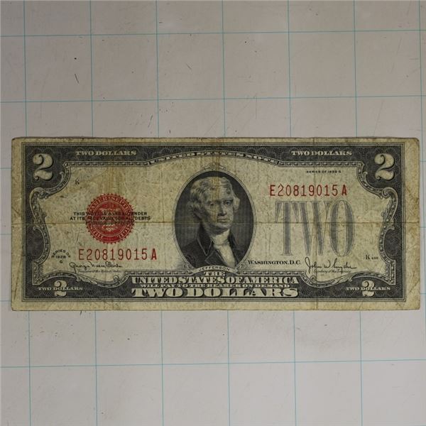 1928-G US RED SEAL $2 NOTE E20819015A