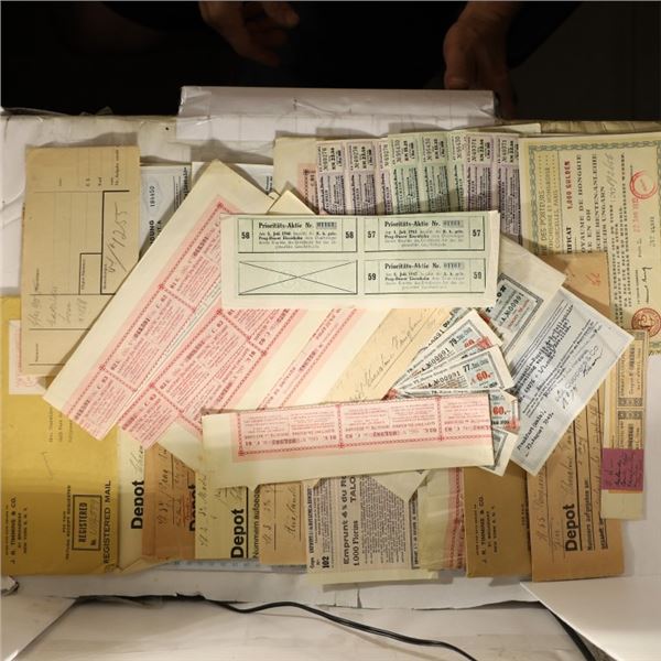 LOT OF FORIEGN STOCK TICKETS, CERTS, BANDS &