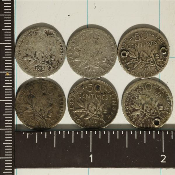 6 FRANCE SILVER 50 CENTIMES. .4026 OZ. ASW TOTAL