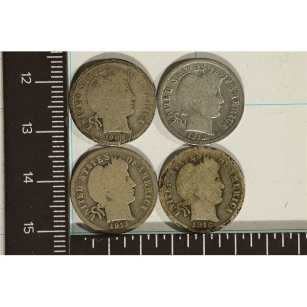 1908-O, 1912, 1913 & 1916-S SILVER BARBER DIMES