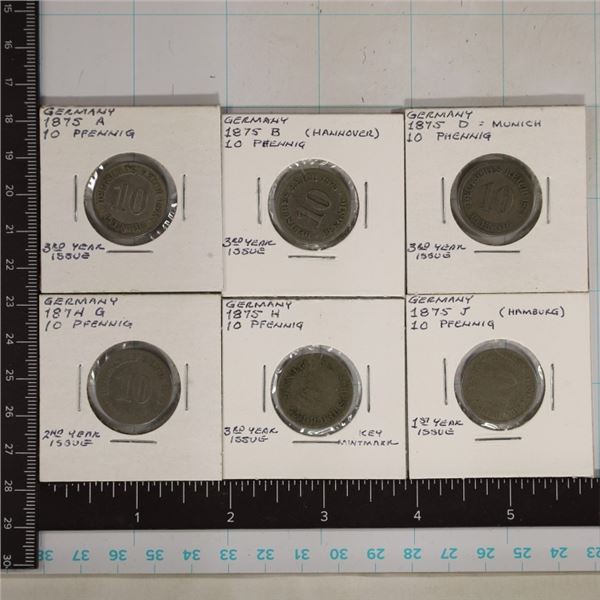 1875-A, B, D, G, H & J GERMAN 10 PFENNING COINS