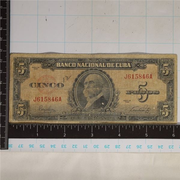 1949 CUBA 5 PESO BILL "MAXIMO GOMEZ"