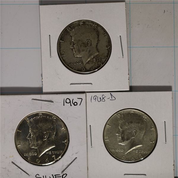 1965, 1967 & 1968-D 40% SILVER JFK HALF DOLLARS
