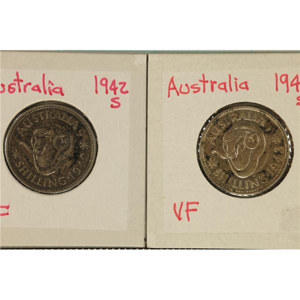 1942-S & 1943-S SILVER AUSTRALIA 1 SHILLING COINS: