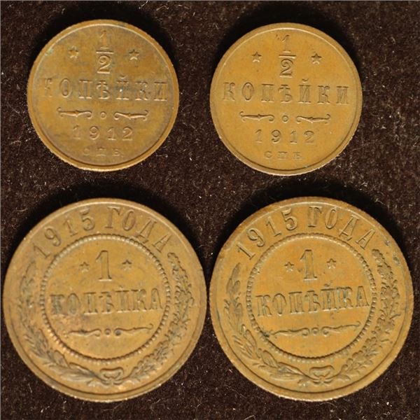 4 RUSSIAN COPPER COINS: 2-1912 HALF KOPEK & 2-1915