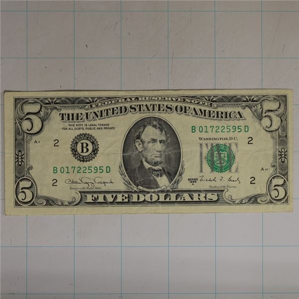 1988-A US $5 FRN GREEN SEAL BO1722595D