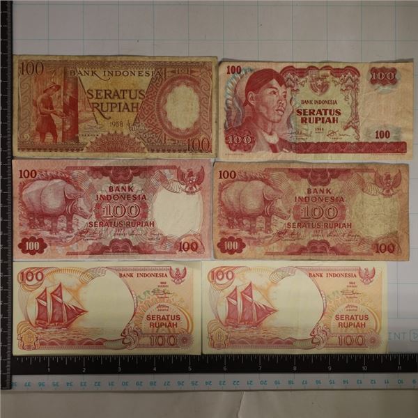 6-INDONESIA 100 RUPIAH BILLS: 1958, 1968, 2-1977 &