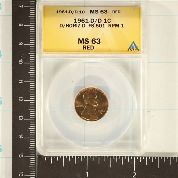 1961-D/D RPM-1 LINCOLN CENT ANACS MS63 RED