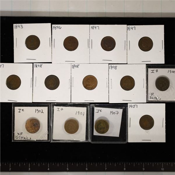 13 INDIAN HEAD CENTS: 1893-1907