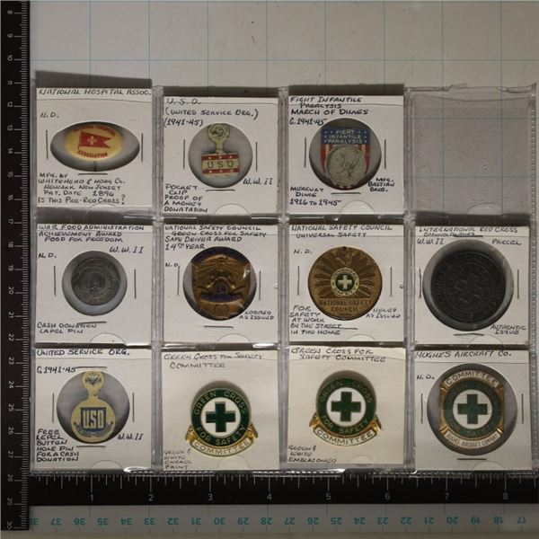 11 CIRCA WWII BUTTONS, LAPEL PINS, TOKENS & OTHERS