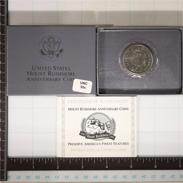 1991-D MT. RUSHMORE UNC US HALF DOLLAR IN BOX
