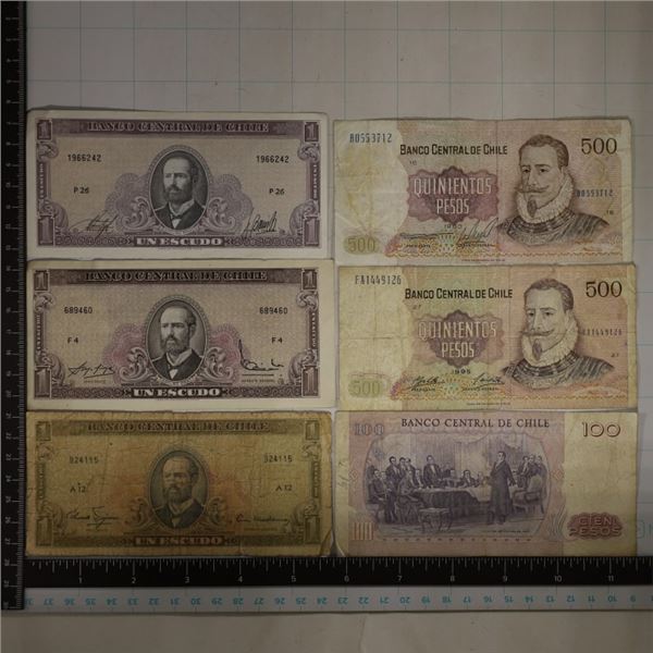 6-CHILE BILLS: 3-1 ESCUDOS (2-CRIS), 1-100 PESOS &