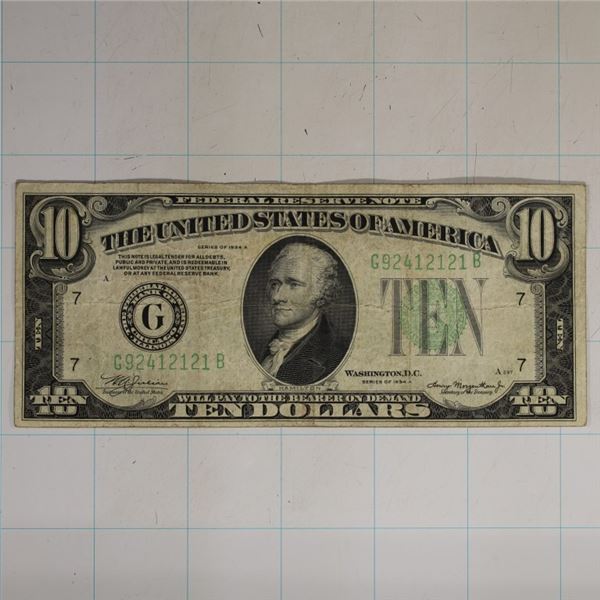 1934-A US $10 GREEN SEAL FRN G92412121 NEAT