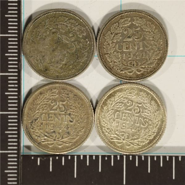 1938, 1941 & 2-1944 NETHERLANDS SILVER 25 CENTS