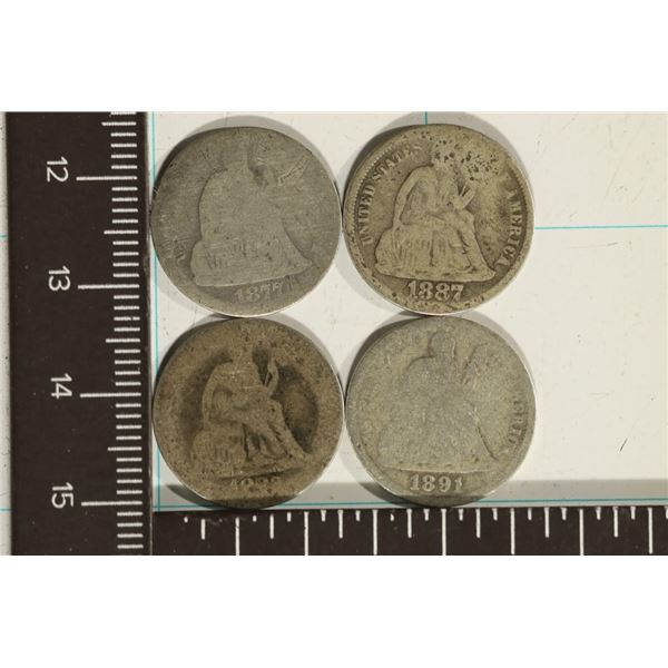 188?, 1877, 1887 & 1891 SILVER SEATED LIBERTY DIME