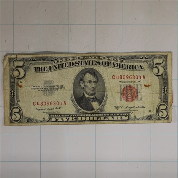 1953-A US $5 RED SEAL NOTE SOME STAINS NOTED