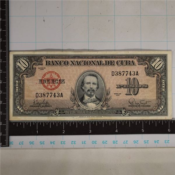 1960 BANK OF CUBA 10 PESOS CRISP "CESPEDES"